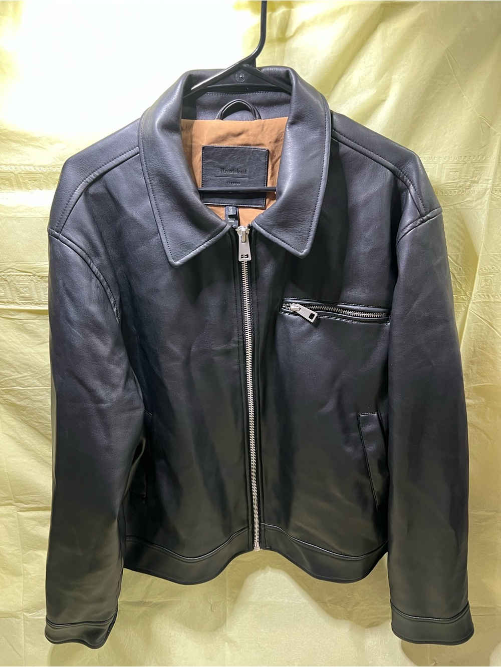 River Island Black Leather Bomber Jacket with Zip Chest Pocket